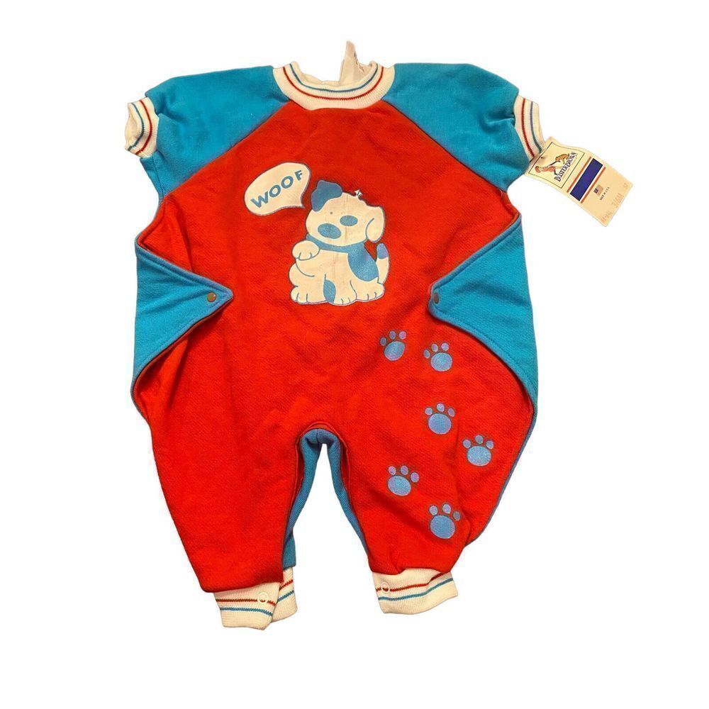 Vintage USA Buster Brown Boys 3-6 Months Dog‎ Puppy Romper One Piece Blue Red
